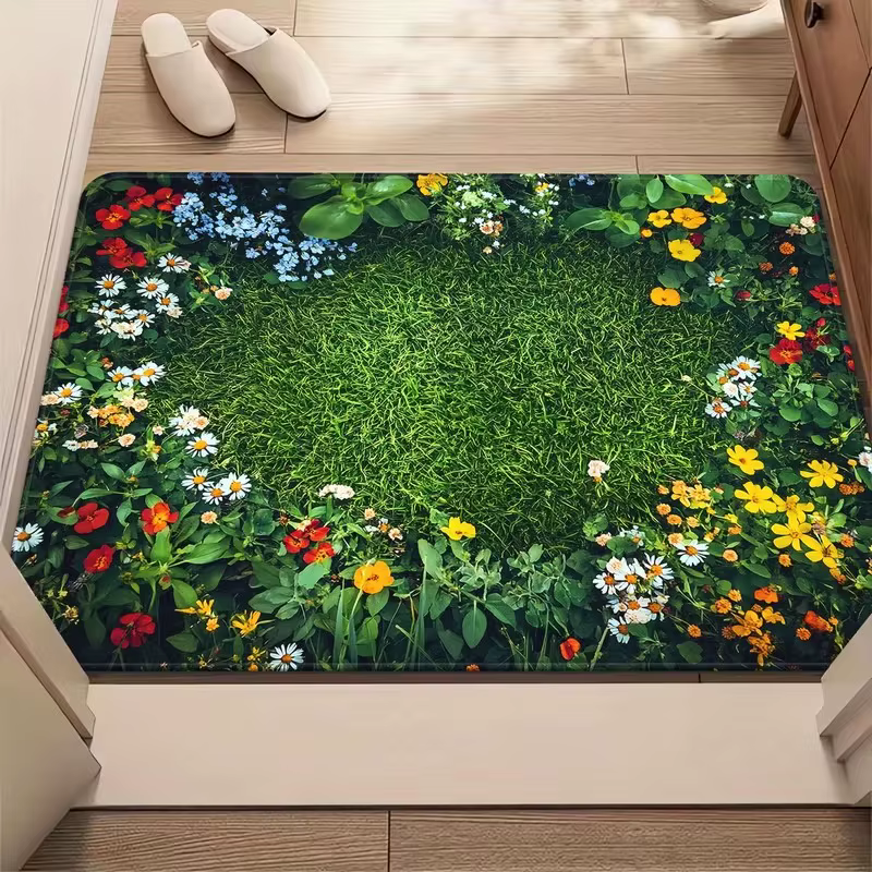 Paillasson d'entrée antidérapant avec motif floral multicolore sur fond vert, tapis de porte pour la