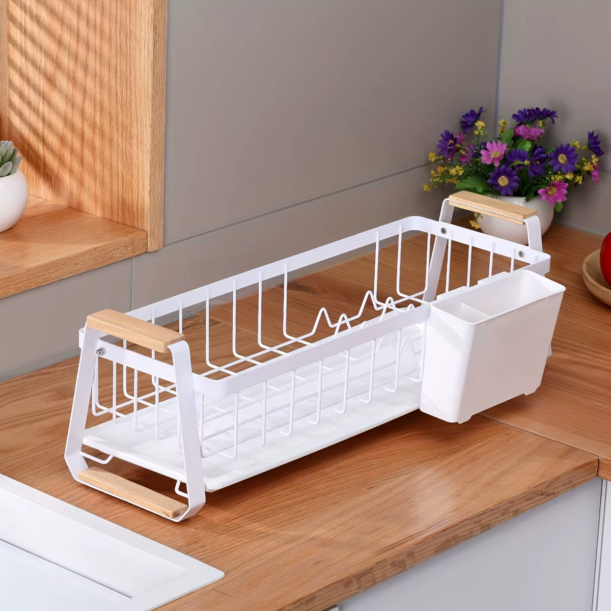 Égouttoir à vaisselle étroit pour comptoir de cuisine avec bac de récupération des eaux et porte-cou
