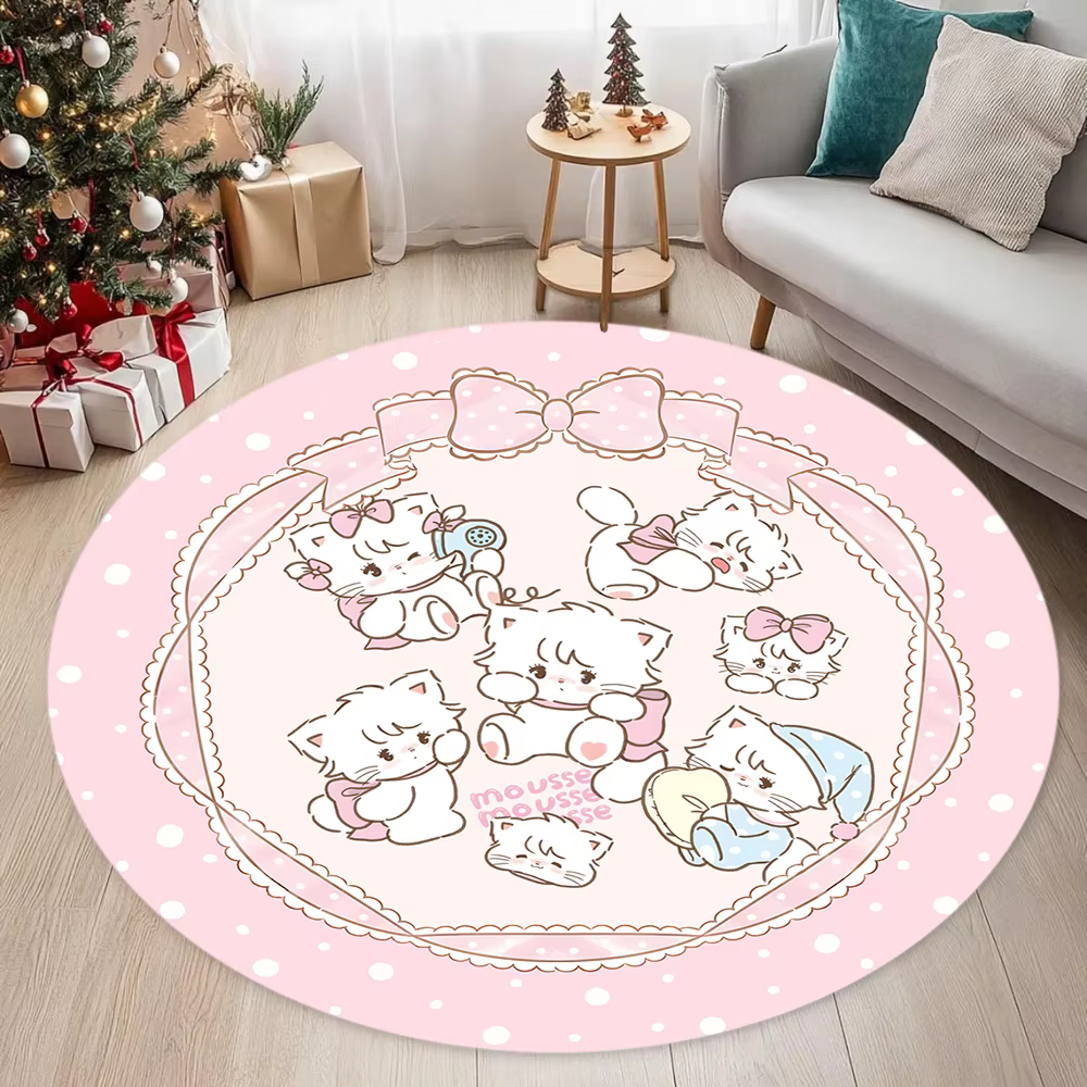 Tapis rond à pois roses avec motif de chat de dessin animé, pour salon, chambre à coucher, motifs de