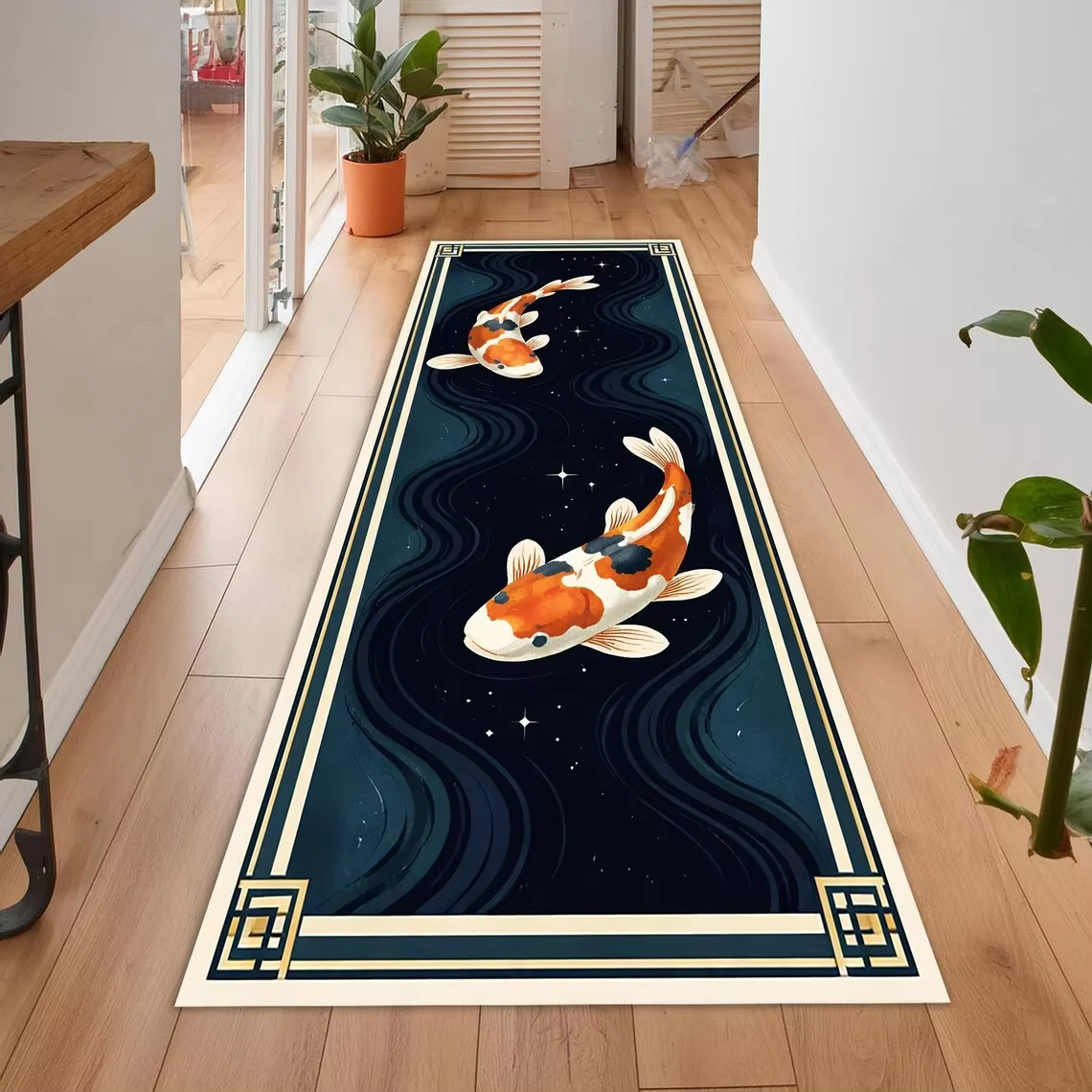 VIKAMA Tapis de couloir vintage Koi Pond Runner, antidérapant, lavable, pour la décoration du couloi
