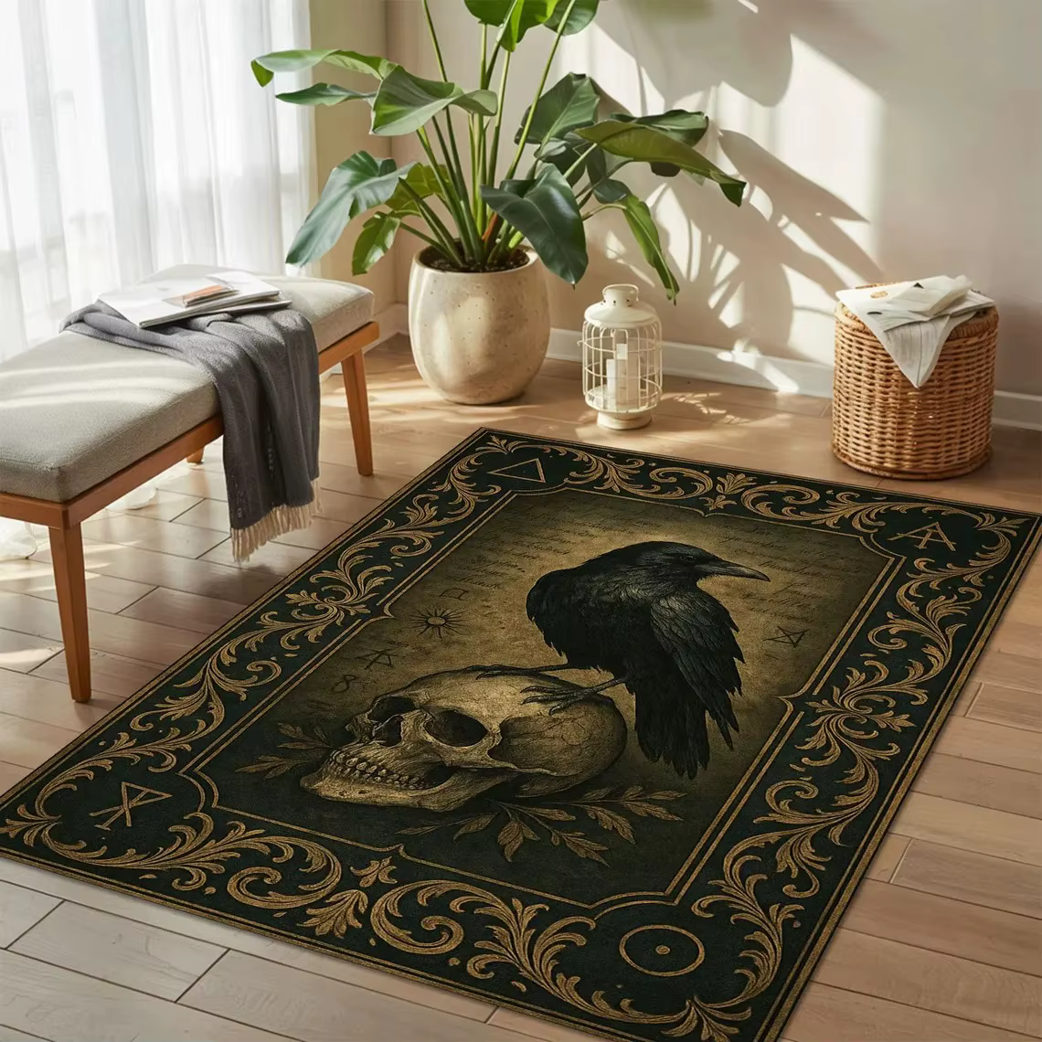 Tapis gothique de crâne de corbeau, décor de corbeau occulte, tapis académique foncé, tapis de maiso