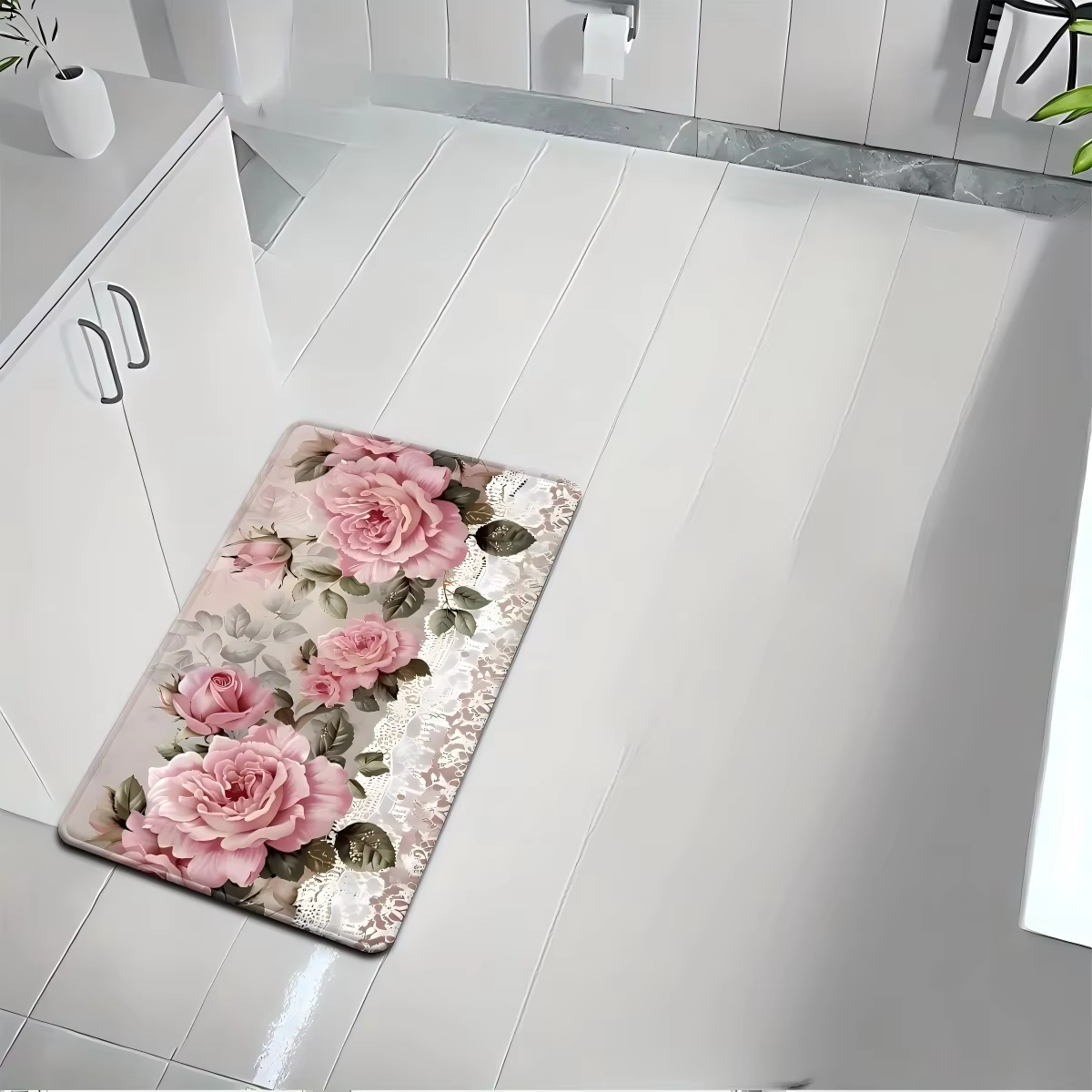 Tapis de cuisine rose style campagne française, antidérapant, vintage, avec dentelle florale, lavabl