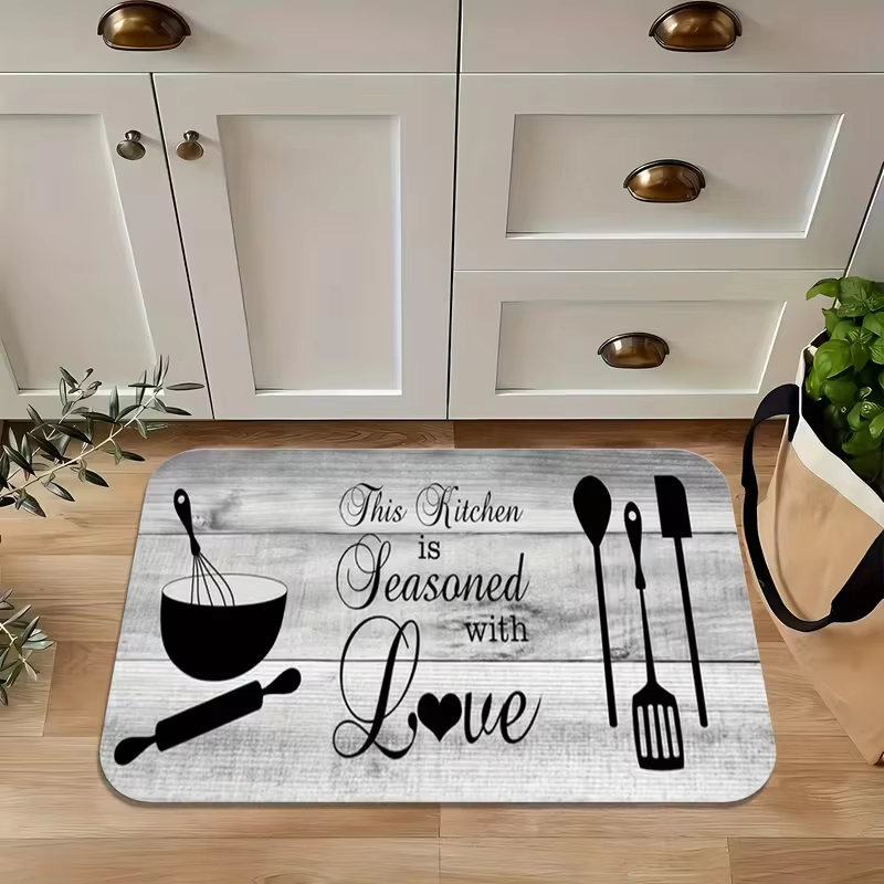 Tapis de lettres de cuisine à grain de bois gris, tapis de cuisine à thème extérieur, tapis de salon