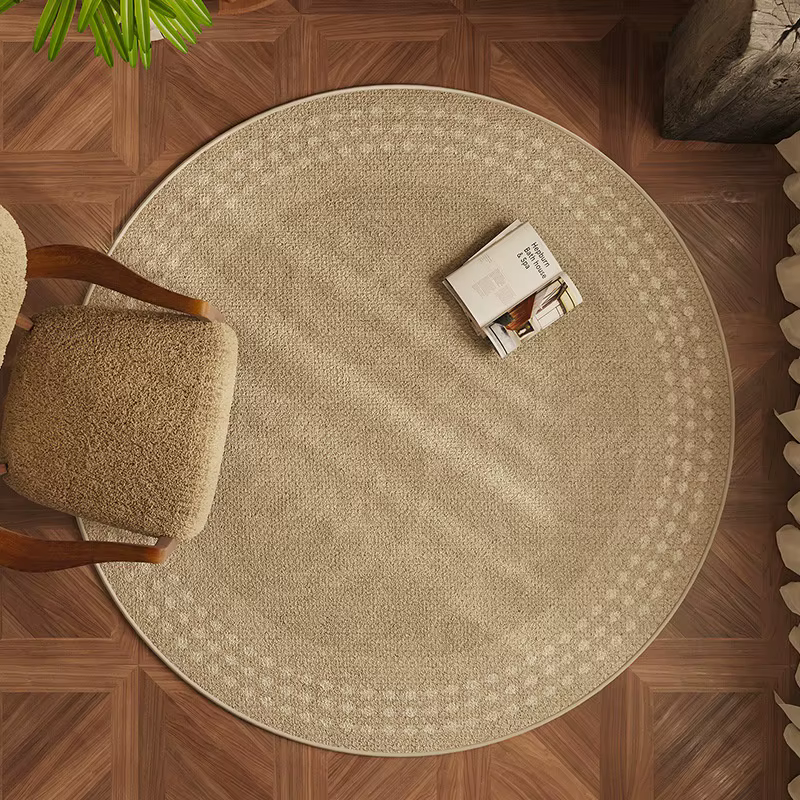 Tapis rond beige clair à texture de points subtils, antidérapant, lavable, doux, pour chambre à couc