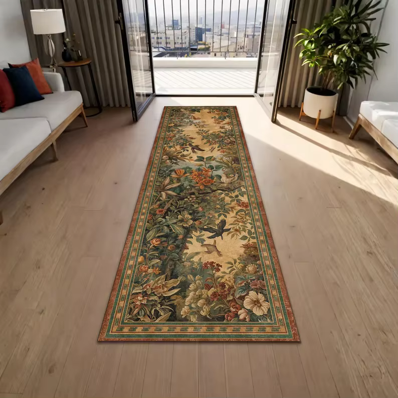 Tapis de couloir vintage à motif floral botanique et oiseaux, tapisserie florale, tapis de cuisine é