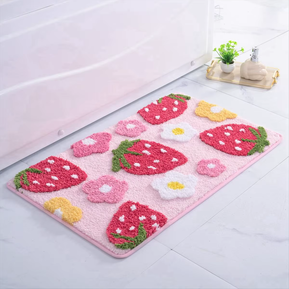 Tapis de salle de bain rose exquis, mignon, fraise, accessoires de salle de bains, lavable en Machin