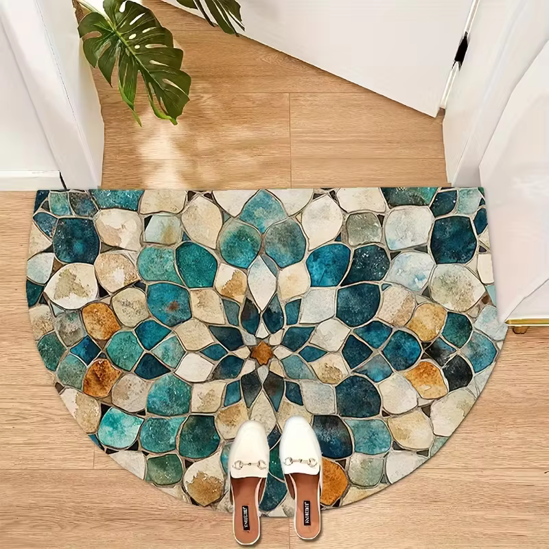 Tapis semi-circulaire à fleurs de style bohème, tapis ethnique vintage à fleurs, tapis pour salon, c
