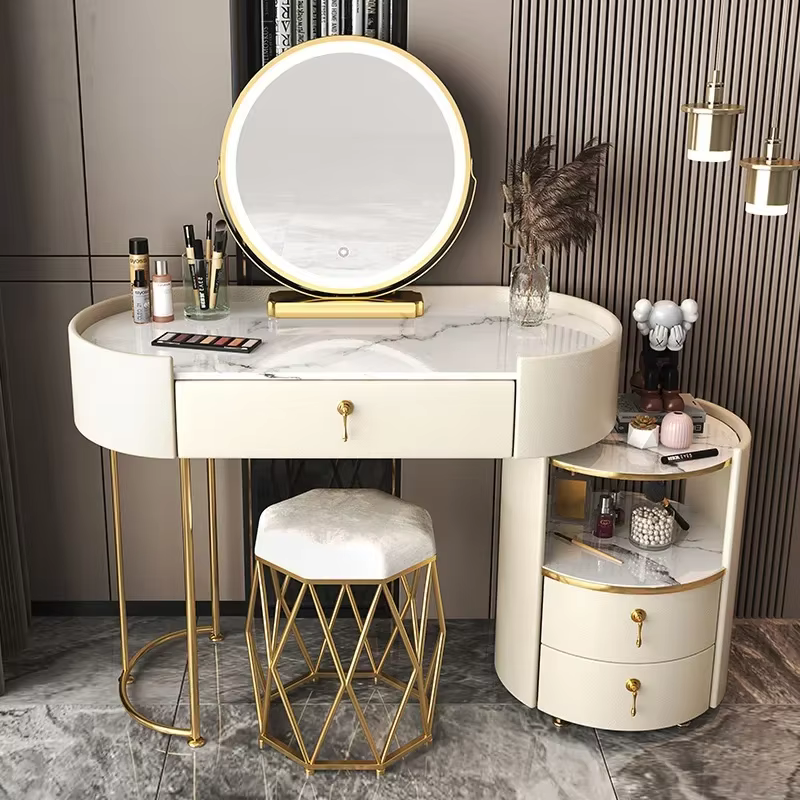Grande coiffeuse d'angle moderne avec rangement, tiroirs de maquillage, console de luxe pour bijoux,