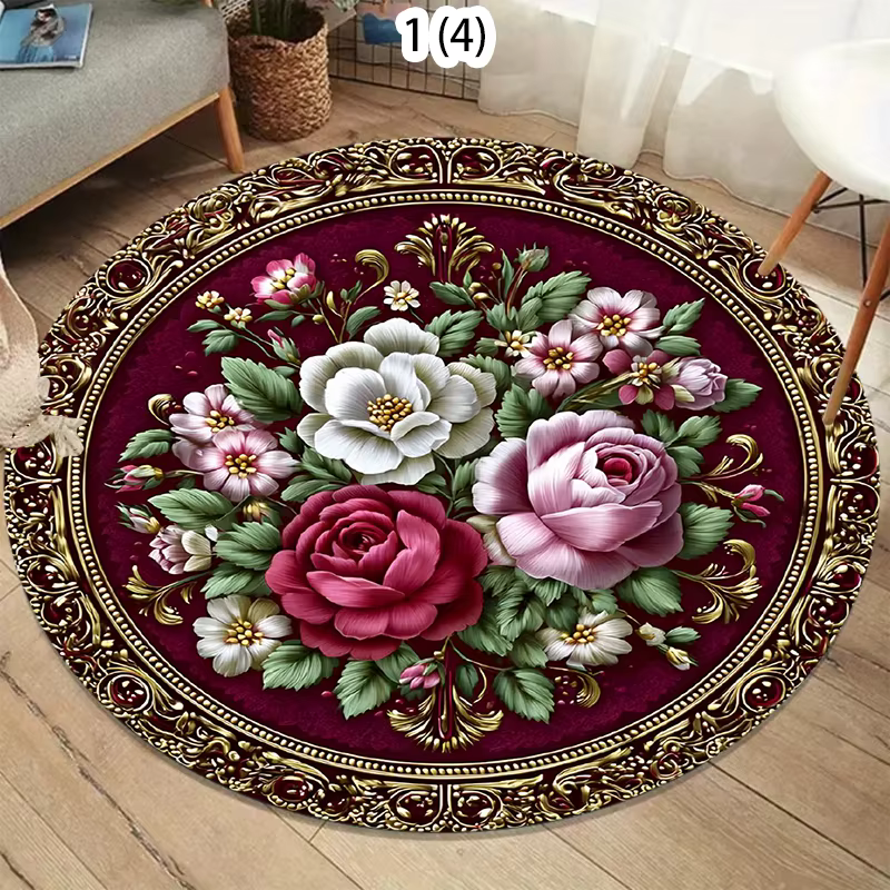 Tapis rond rouge de style vintage, aspect antique, tapis turc vieilli, grand tapis pour salon, décor