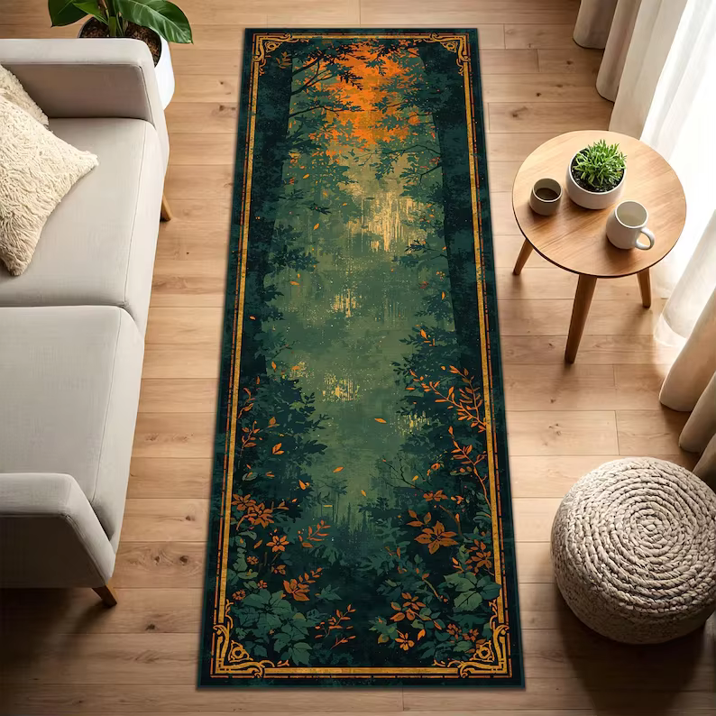 Tapis de couloir Forest Runner vert botanique, tapis de chemin naturel avec bordure Art Déco, antidé