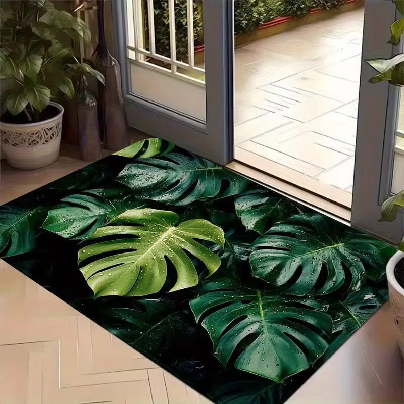 Tapis antidérapant à motif de feuilles vertes plates 2D, tapis d'intérieur, décoration de fête, déco