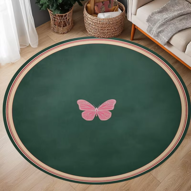 Tapis rond vert foncé avec papillon rose, bordure minimaliste, imprimé élégant, antidérapant, doux,