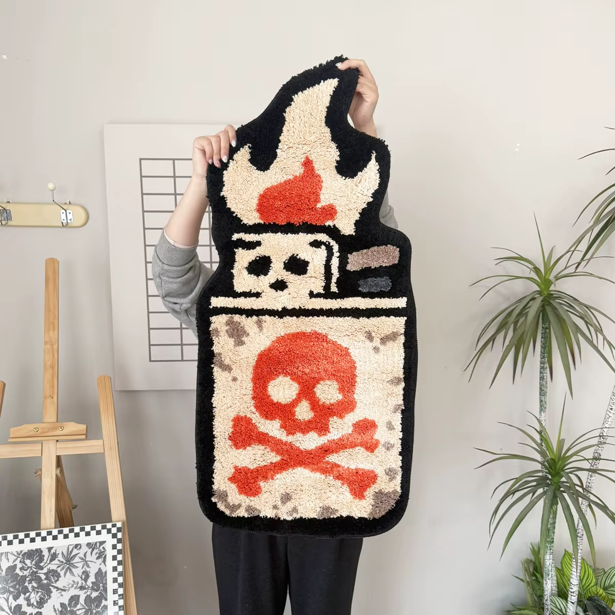 Tapis touffeté rétro motif crâne, tapis doux à flocage esthétique grunge, décoration tendance antidé