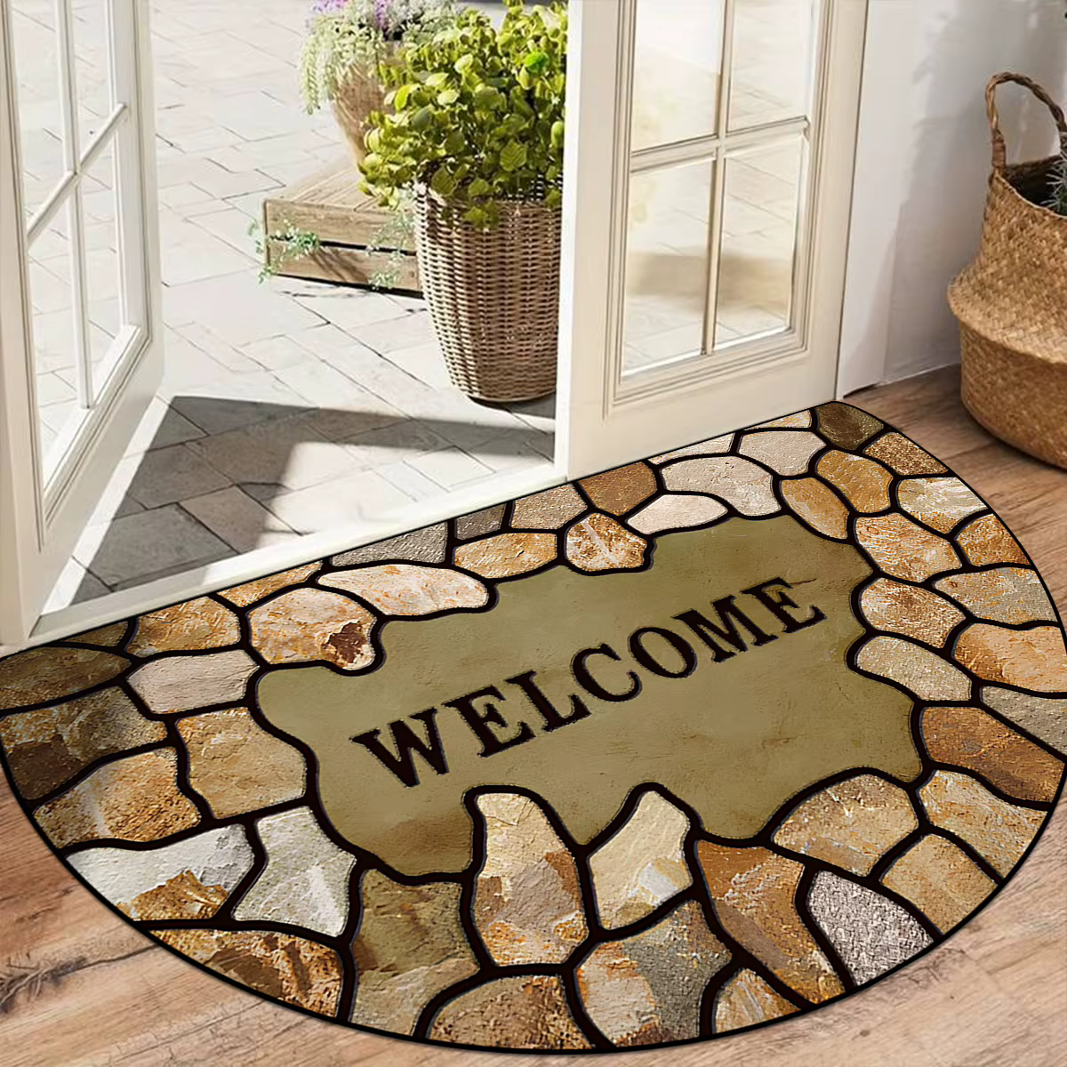 Tapis d'entrée antidérapant, résistant à la saleté, résistant à l'usure, semi-circulaire, imitation