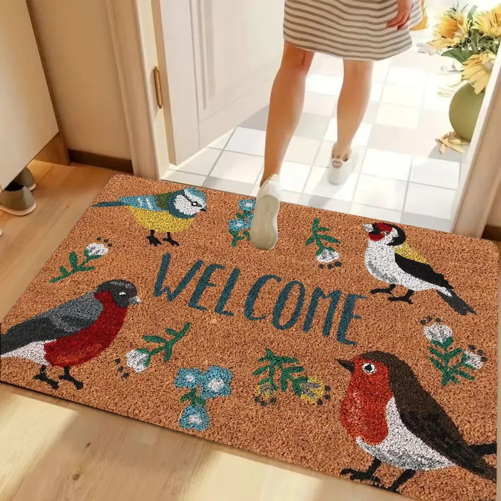 VIKAMA Tapis de bienvenue rétro à motif floral orange en fibre de coco naturelle antidérapant, style