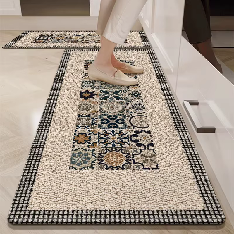 Tapis de cuisine antidérapant, résistant aux taches, durable, tapis de sol noir à carreaux, style mi