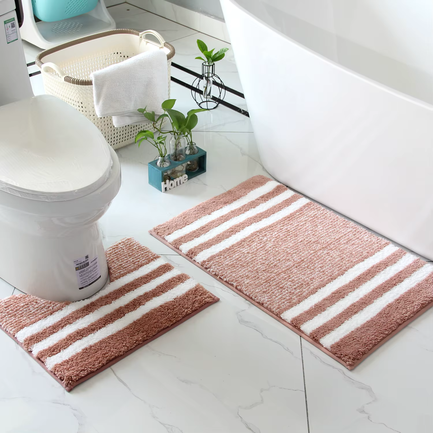 Ensemble de tapis de salle de bain rayé en microfibre, 2 pièces, imperméable, antidérapant et à séch