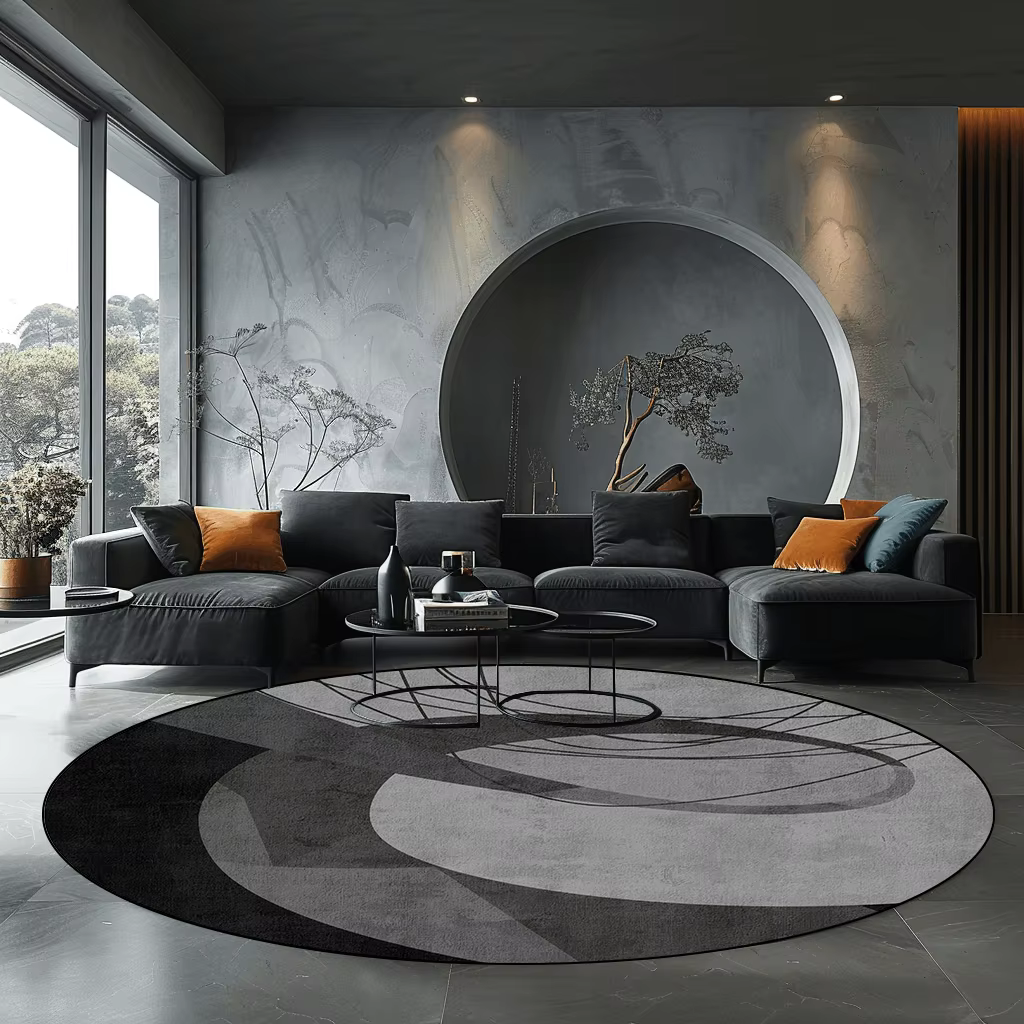 Tapis rond géométrique gris pour salon, tapis de décoration de luxe moderne pour chambre à coucher, 