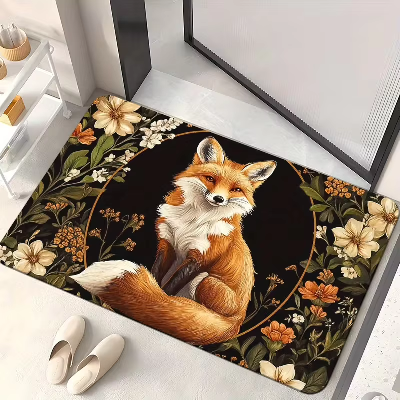 Tapis de porte élégant en forme de renard, antidérapant, en polyester, avec motif de renard rouge et