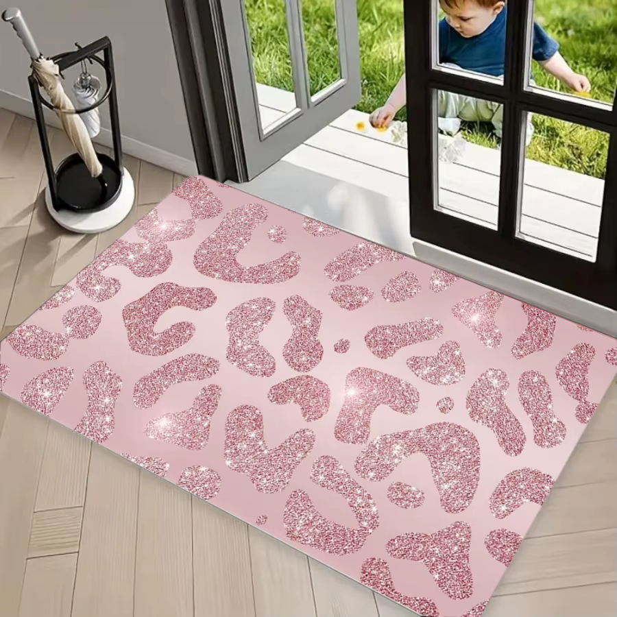 Tapis de sol girly rose pailleté à imprimé léopard, tapis antidérapant, paillasson lavable à imprimé