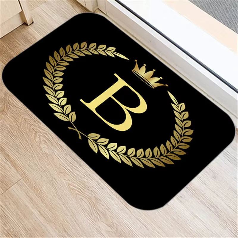 Tapis de sol antidérapant pour cuisine et salle de bains, Style intérieur, couronne noire et dorée, 