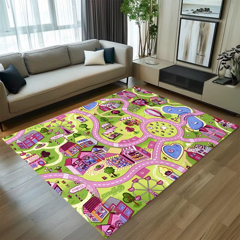 Tapis de jeu pour enfants Rose Thème Parc d'attractions, Tapis de jeu interactif avec piste routière