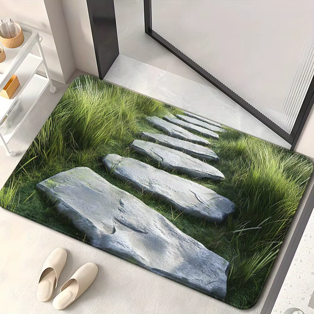 Tapis de sol réaliste avec motif de pelouse verte et de pierres, antidérapant, pour intérieur et ext