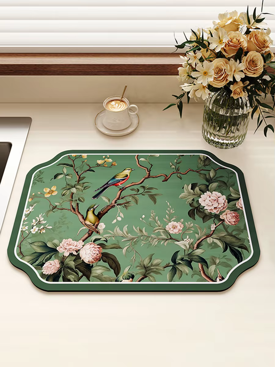 Tapis égouttoir vert rétro pour comptoir de cuisine, séchage rapide, pour vaisselle et couverts