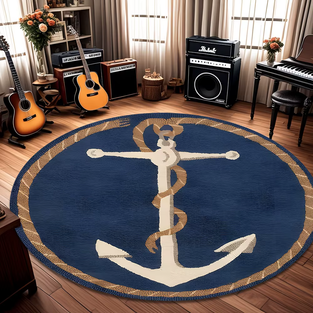 Tapis rond ancre nautique avec bordure en corde, décoration moderne côtière pour la maison, tapis ci