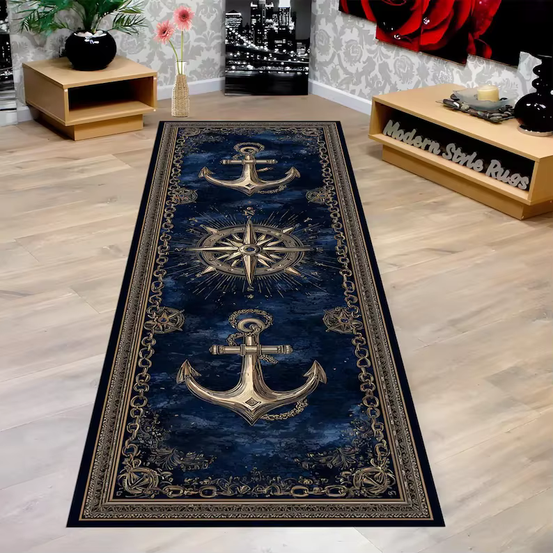 Tapis de couloir d'ancre nautique, Design boussole dorée, thème marin bleu profond, tapis de décorat