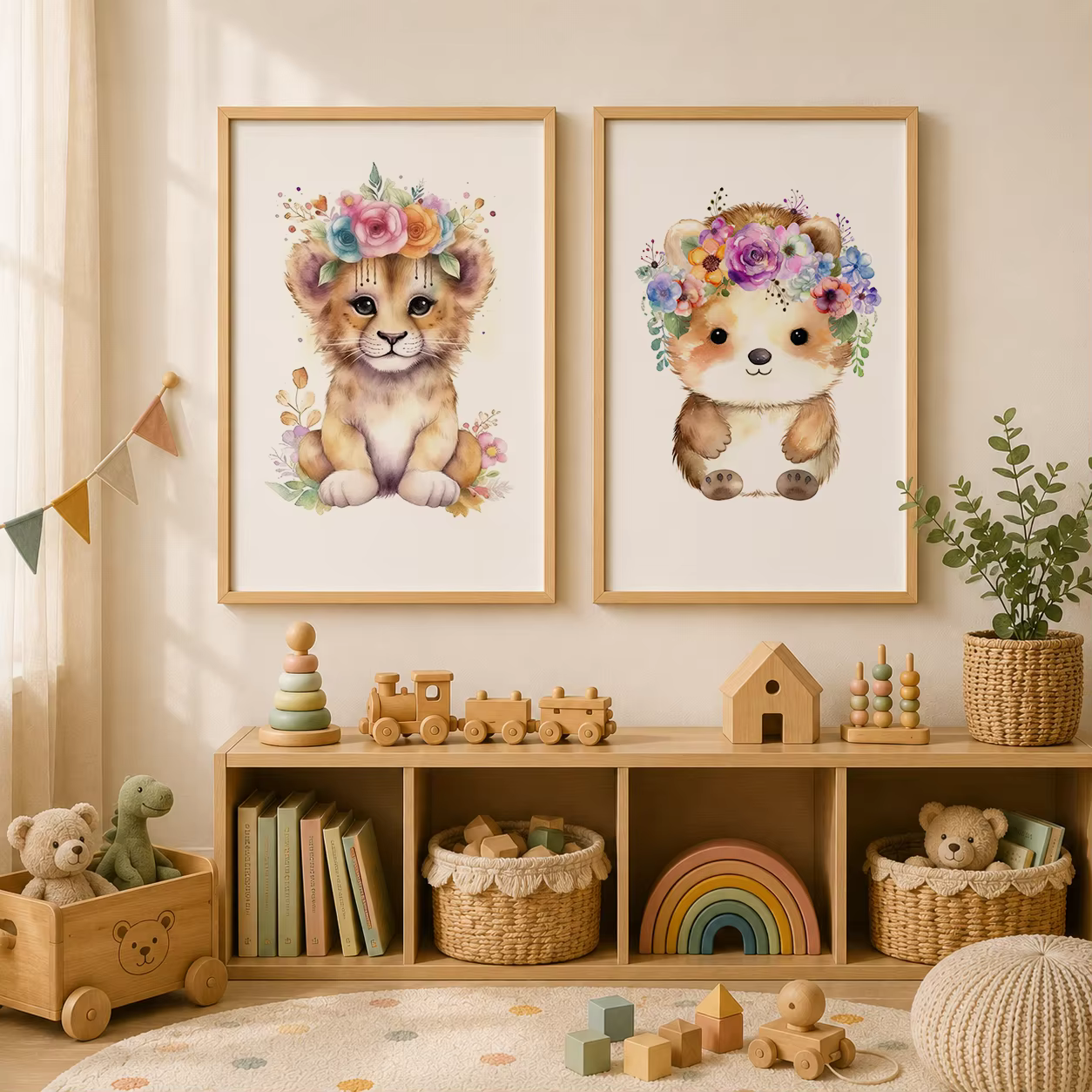 Décoration murale animale pour chambre d'enfant, peinture sur toile mignonne avec fleurs, lion, ours, renard, affiches et impressions de couronnes végétales pour la décoration de chambre de bébé et d'