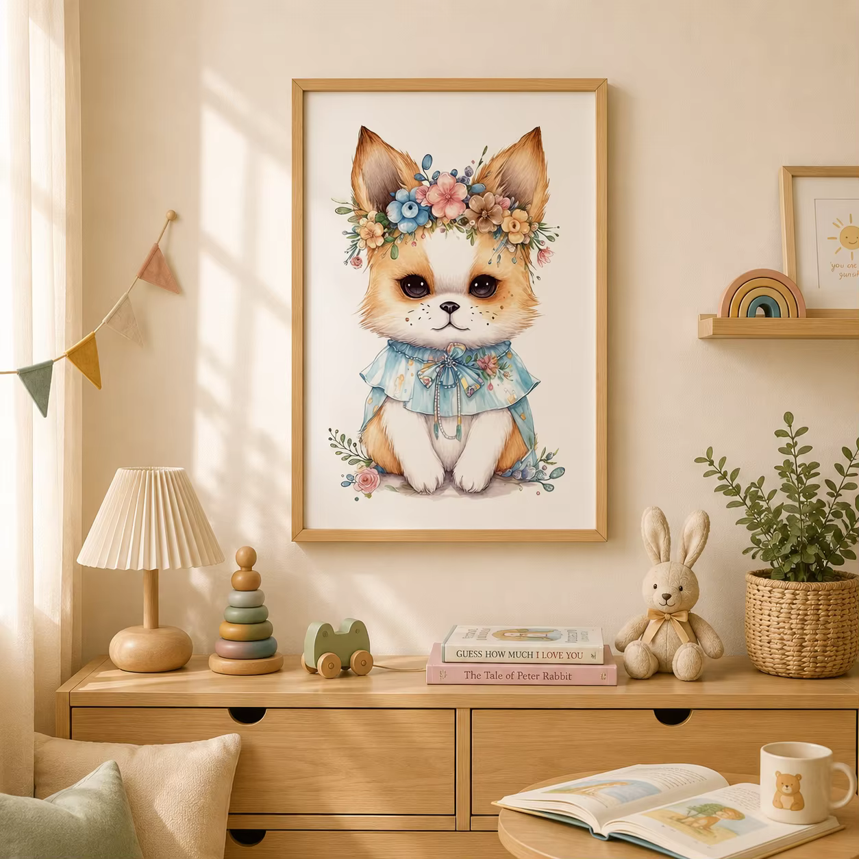 Décoration murale animale pour chambre d'enfant, peinture sur toile mignonne avec fleurs, lion, ours, renard, affiches et impressions de couronnes végétales pour la décoration de chambre de bébé et d'
