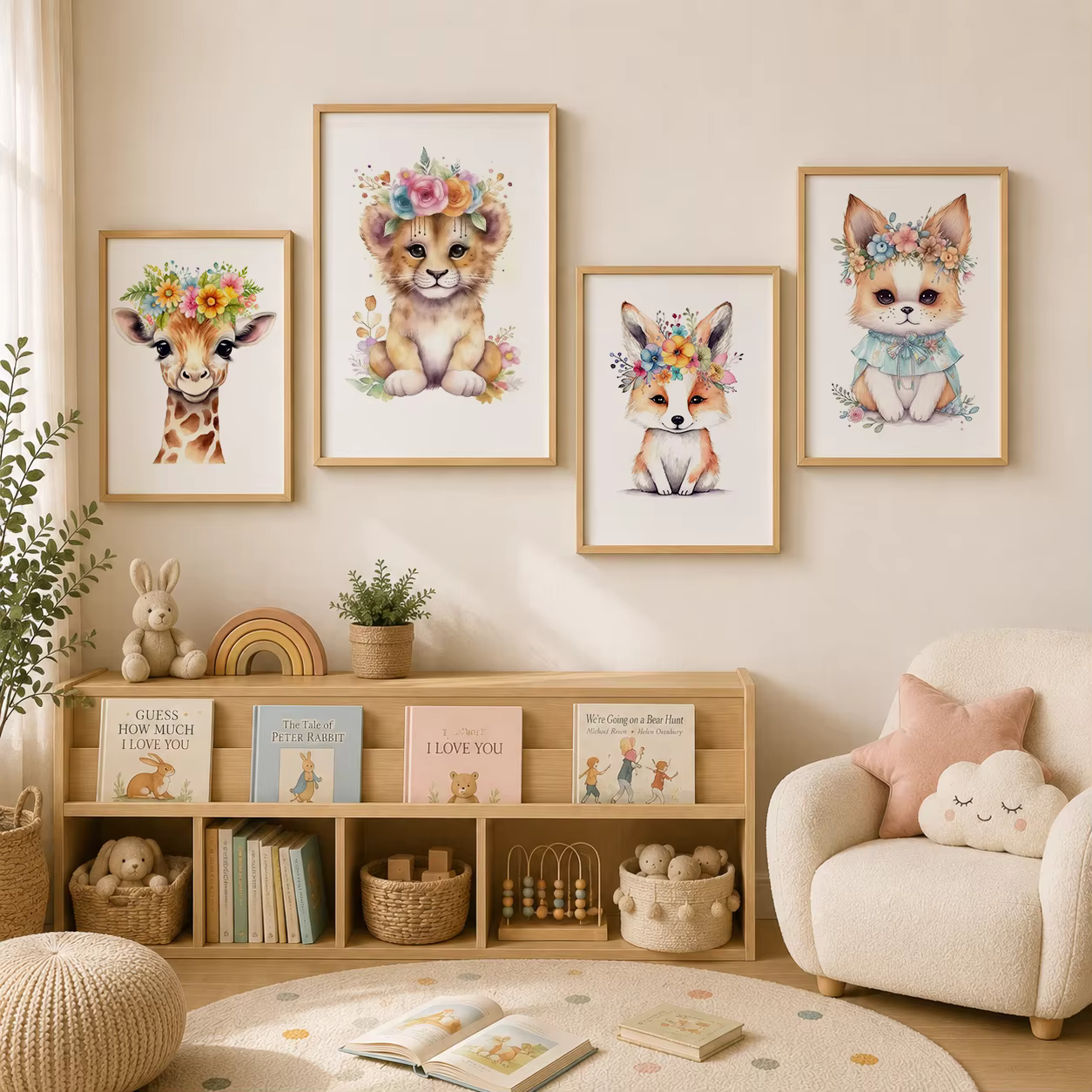 Décoration murale animale pour chambre d'enfant, peinture sur toile mignonne avec fleurs, lion, ours, renard, affiches et impressions de couronnes végétales pour la décoration de chambre de bébé et d'