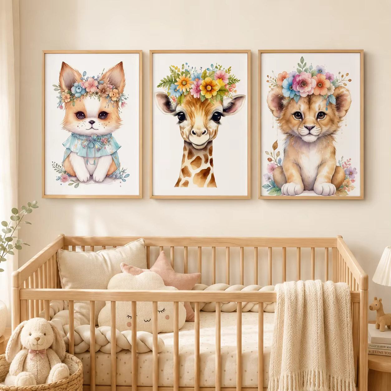 Décoration murale animale pour chambre d'enfant, peinture sur toile mignonne avec fleurs, lion, ours, renard, affiches et impressions de couronnes végétales pour la décoration de chambre de bébé et d'