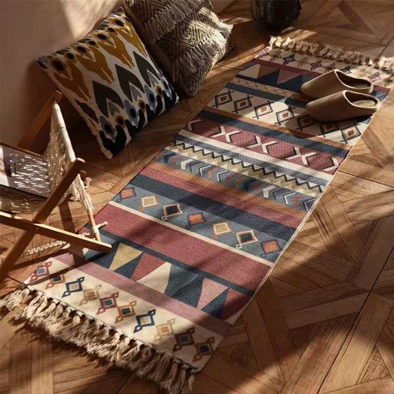 Tapis à carreaux Vintage en coton tissé pour la maison