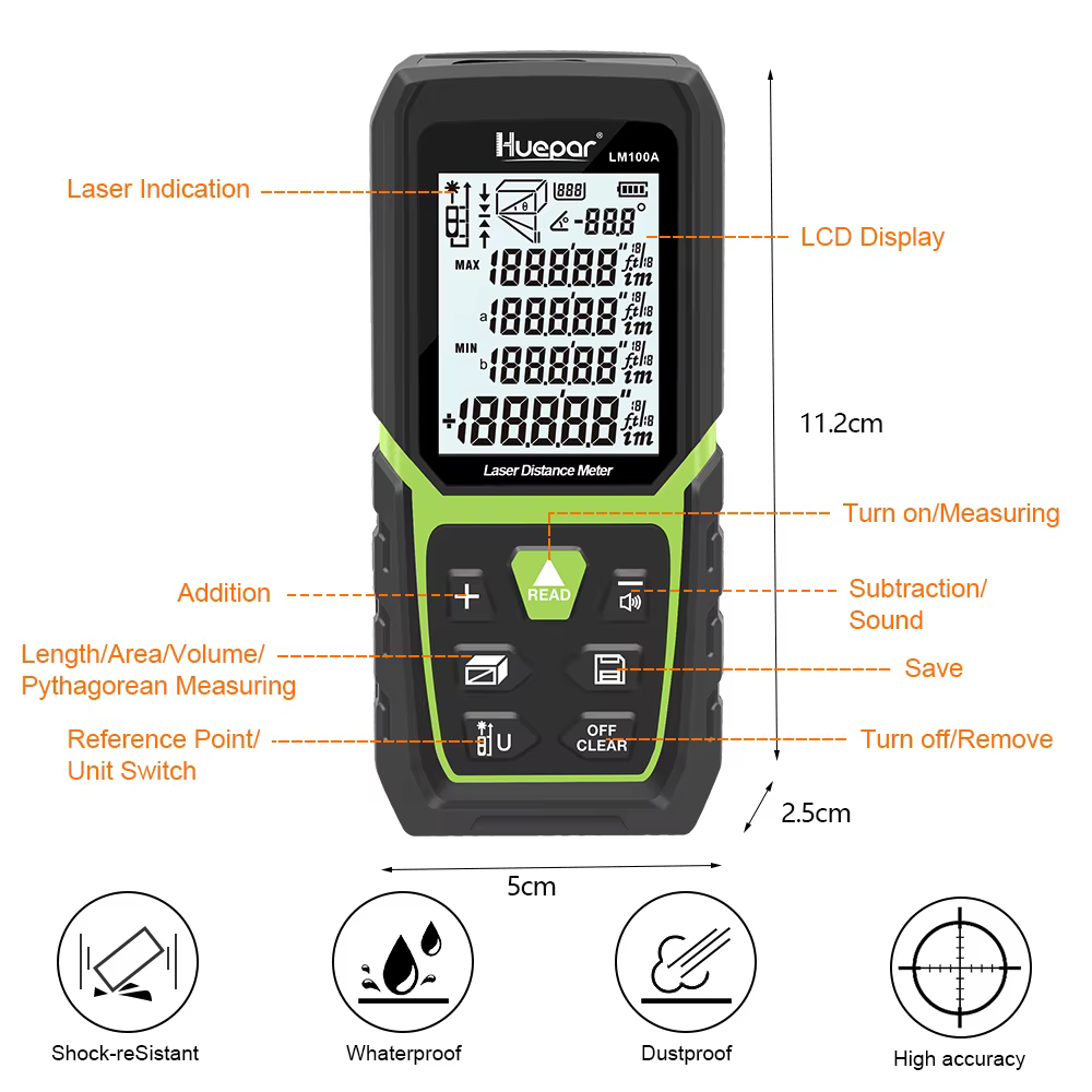Télémètre laser 330Ft/100M(165Ft/50M 390Ft/120M), mesure laser LCD rétro-éclairé M/In/Ft avec batterie Li-ion et capteur d'angle électrique