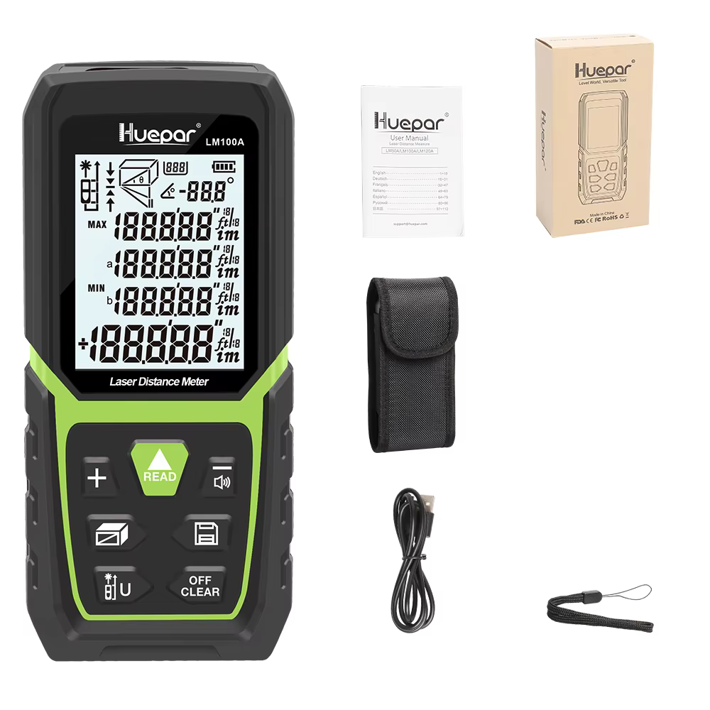 Télémètre laser 330Ft/100M(165Ft/50M 390Ft/120M), mesure laser LCD rétro-éclairé M/In/Ft avec batterie Li-ion et capteur d'angle électrique