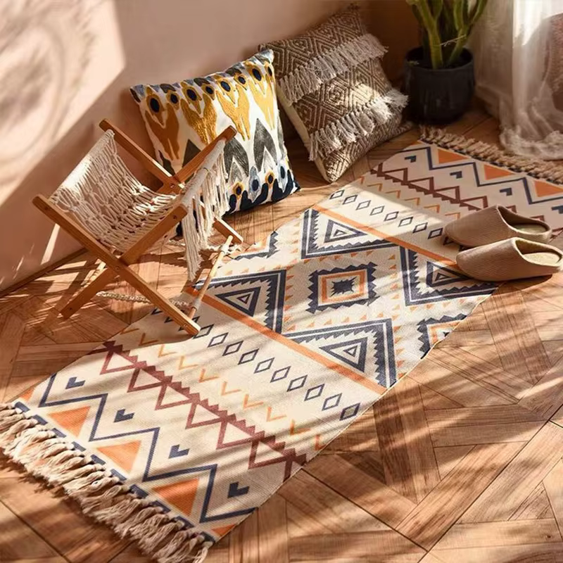 Tapis à carreaux Vintage en coton tissé pour la maison