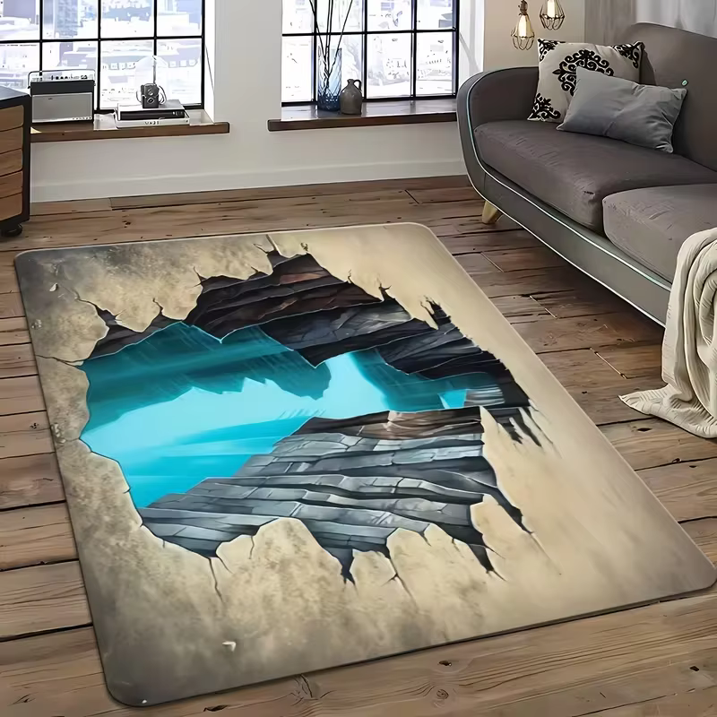 Tapis de sol 3D effet fissures pour salon ou bureau – Décoration moderne unique qui ajoute de la profondeur à votre