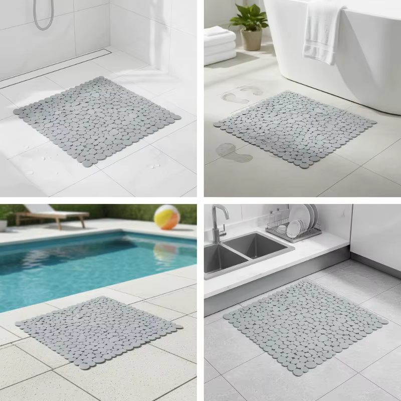 Tapis de bain galets antidérapant, tapis de sol de douche, Texture pierre, tapis de salle de bain en plastique avec ventouses, tapis carré antidérapant