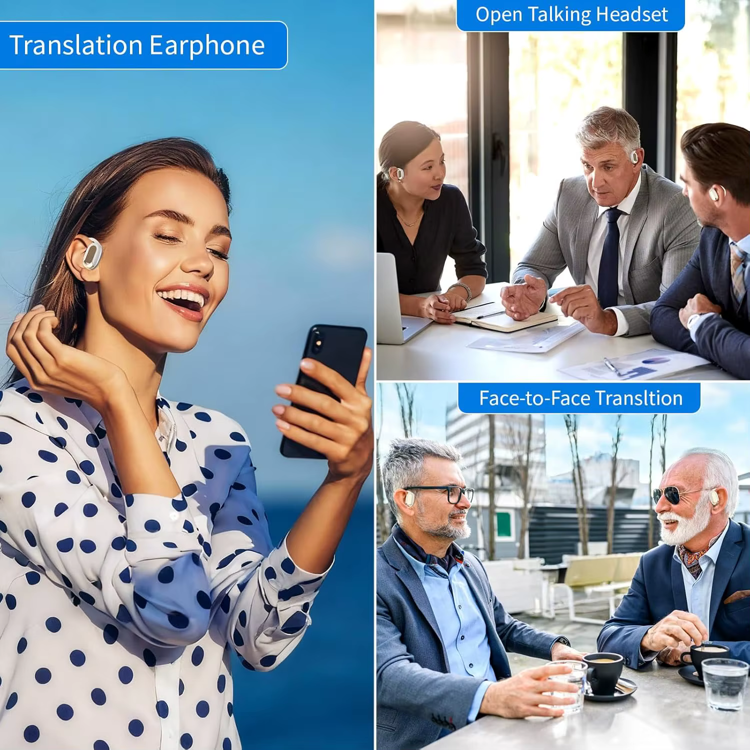 Écouteurs Traducteurs 138 Langues, Traduction IA en Temps Réel, Écouteurs Ouverts avec 90H d'Autonomie pour Voyages et Affaires