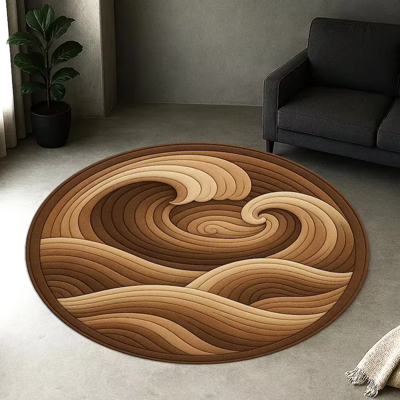 Tapis rond marron Ondes de l'océan
