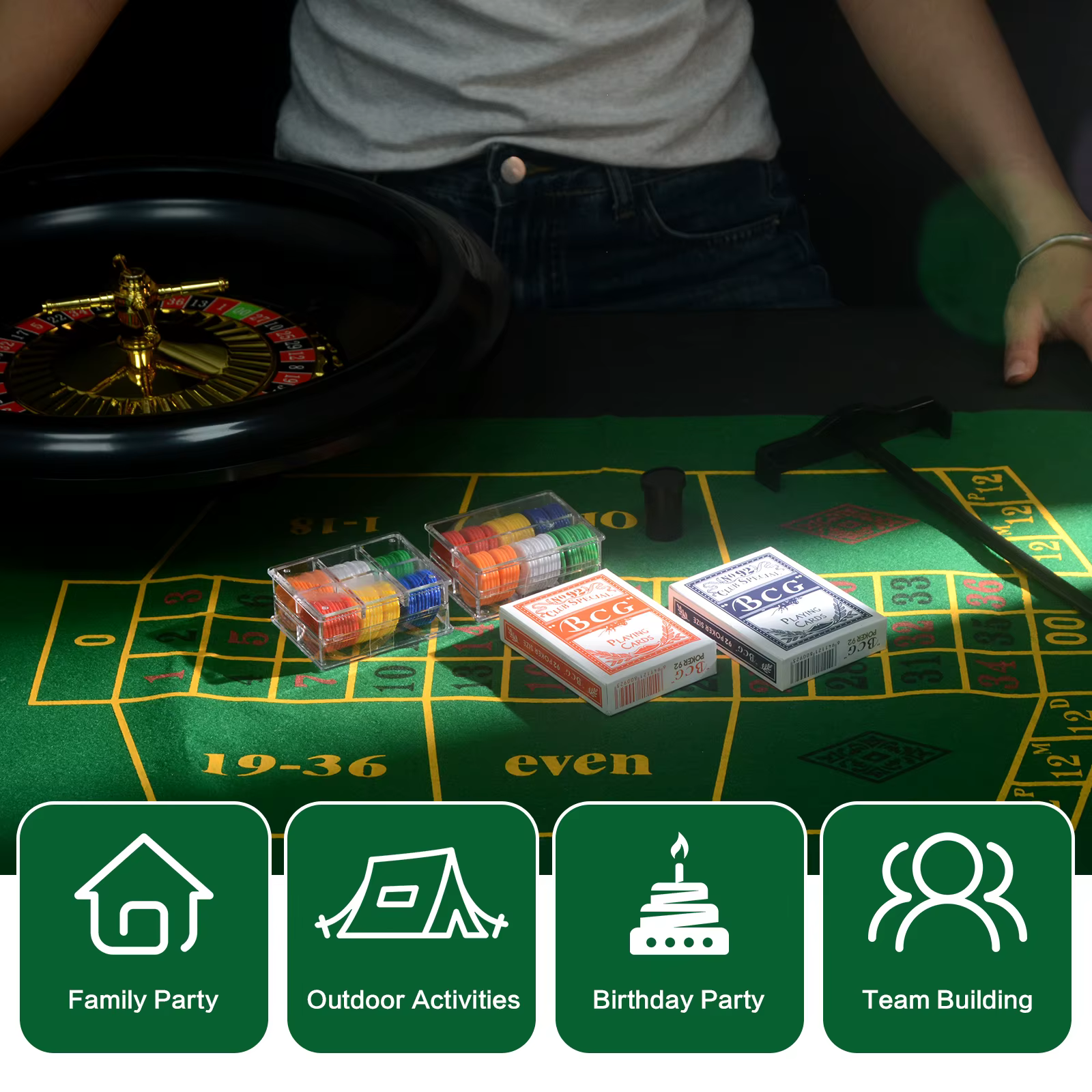 Ensemble de jeu de roulette de casino avec 120 jetons, 2 paires de cartes de poker, tapis de jeu double face, roulette, raclette, roulette