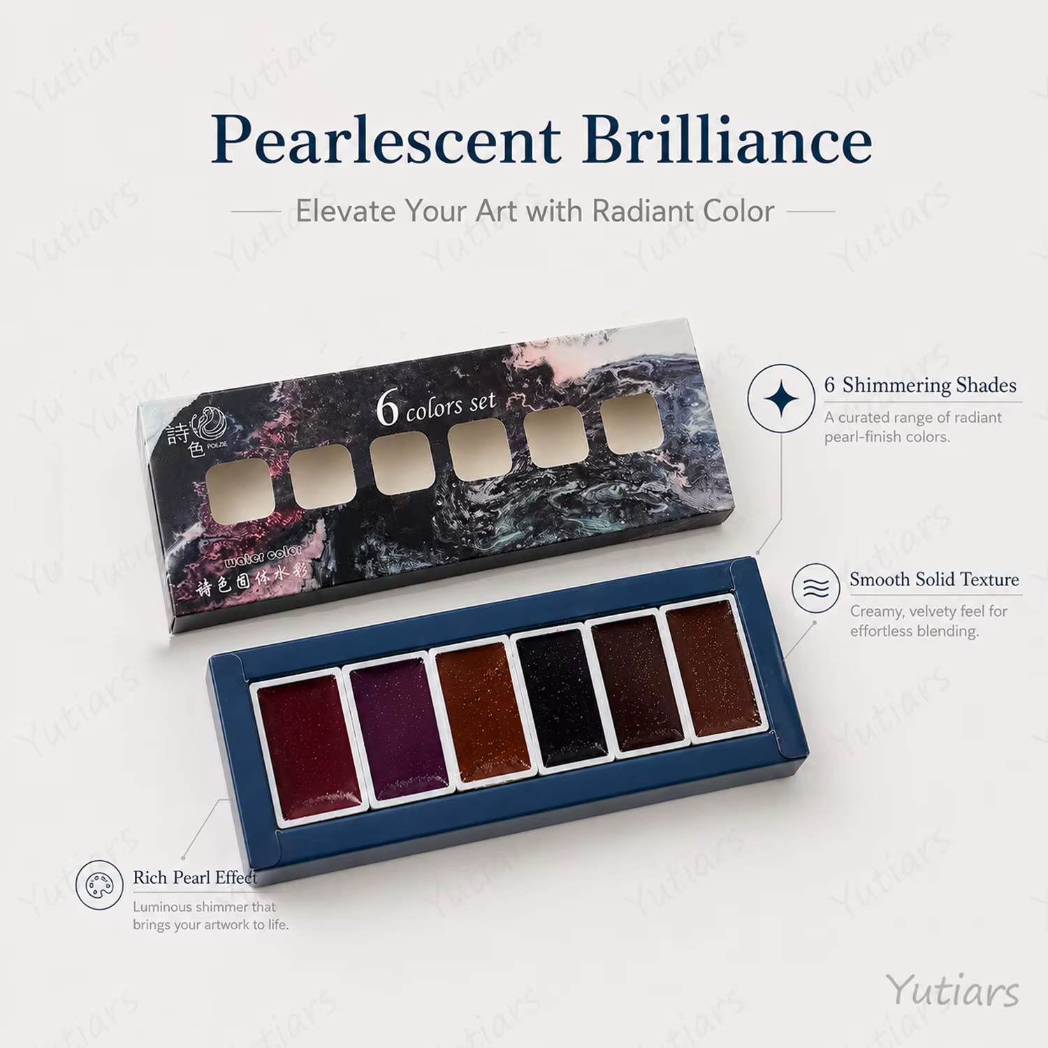 Ensemble de peinture à l'aquarelle perlée 6 couleurs, palette de pigments scintillants superposés pour le journal artistique, la calligraphie, les fournitures de peinture DIY