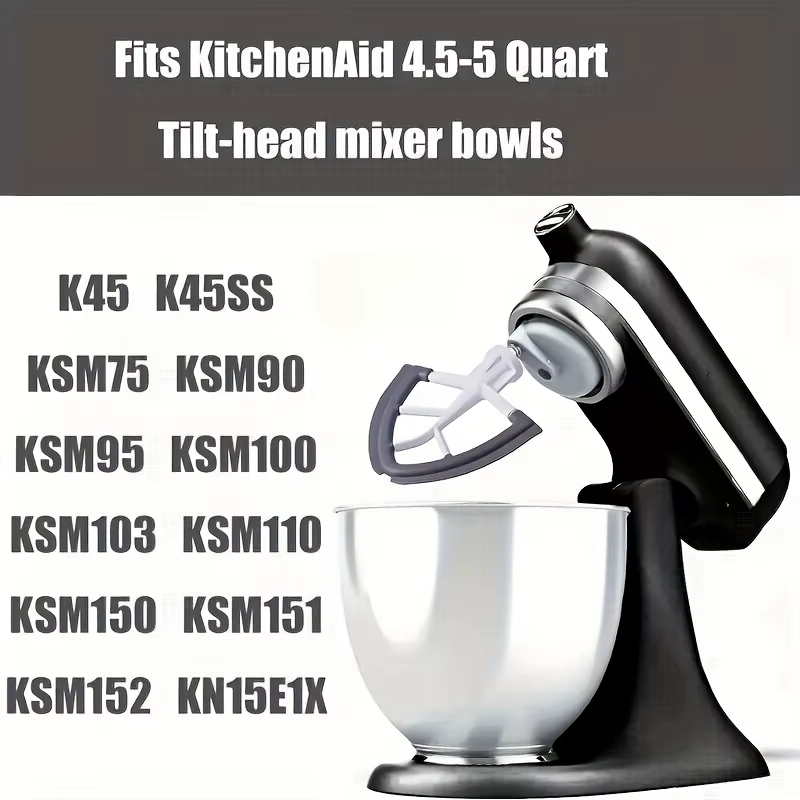 Batteur à bord flexible pour batteur sur socle à tête inclinable KitchenAid, palette de batteur plate de 4,5 à 5 litres avec grattoir à bol à bords flexibles en Silicone