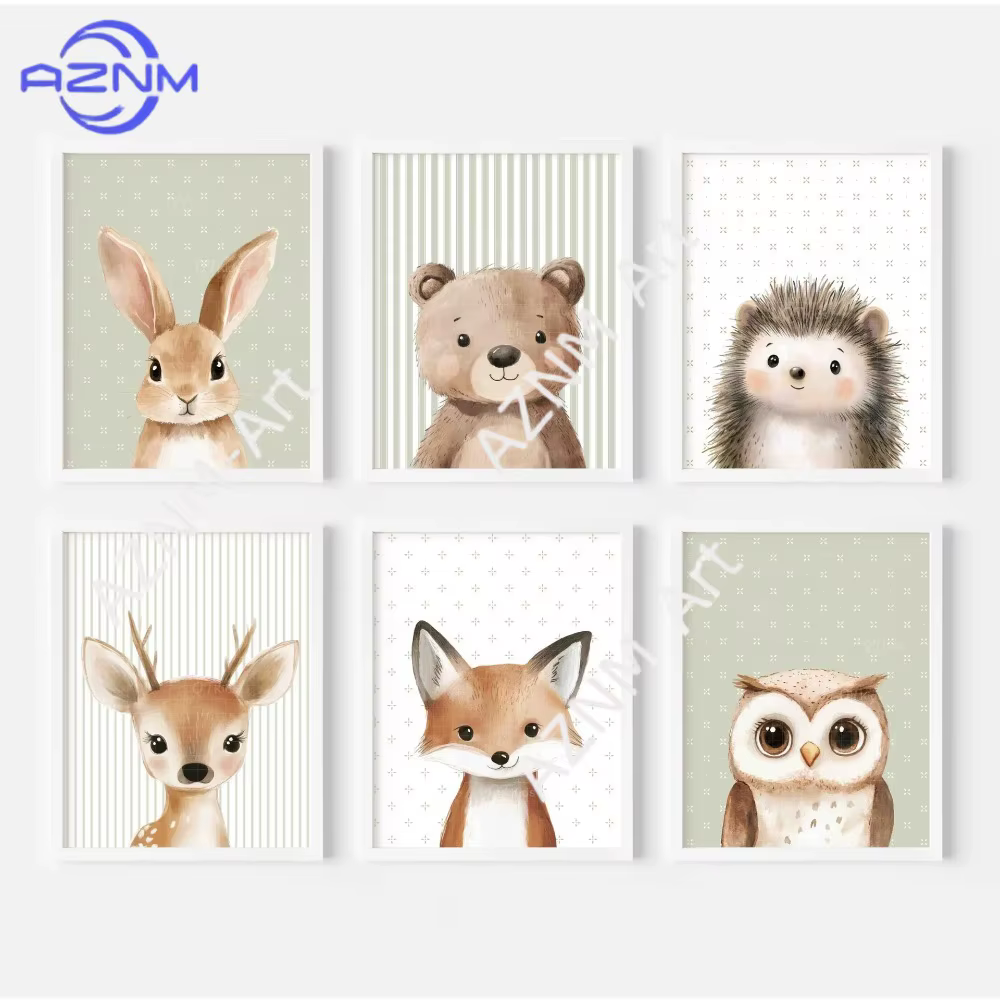 Décoration murale en toile sans cadre pour chambre d'enfant, style nordique moderne, dessin animé, lapin, hibou, ours, anglais, 1 pièce/6 pièces