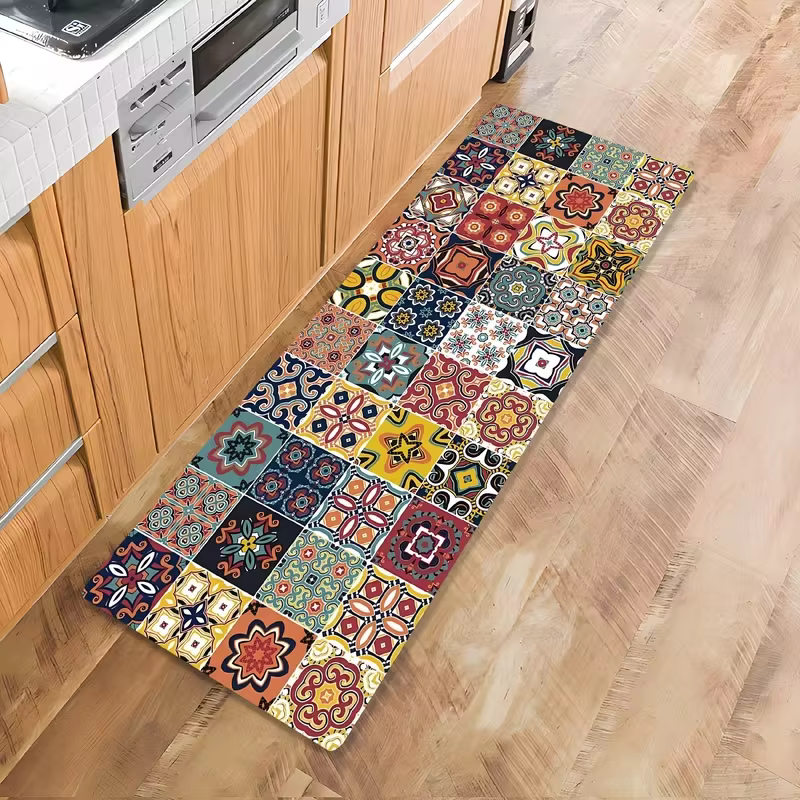 Tapis de cuisine de style bohème avec motifs en mosaïque – Antidérapant et lavable en machine