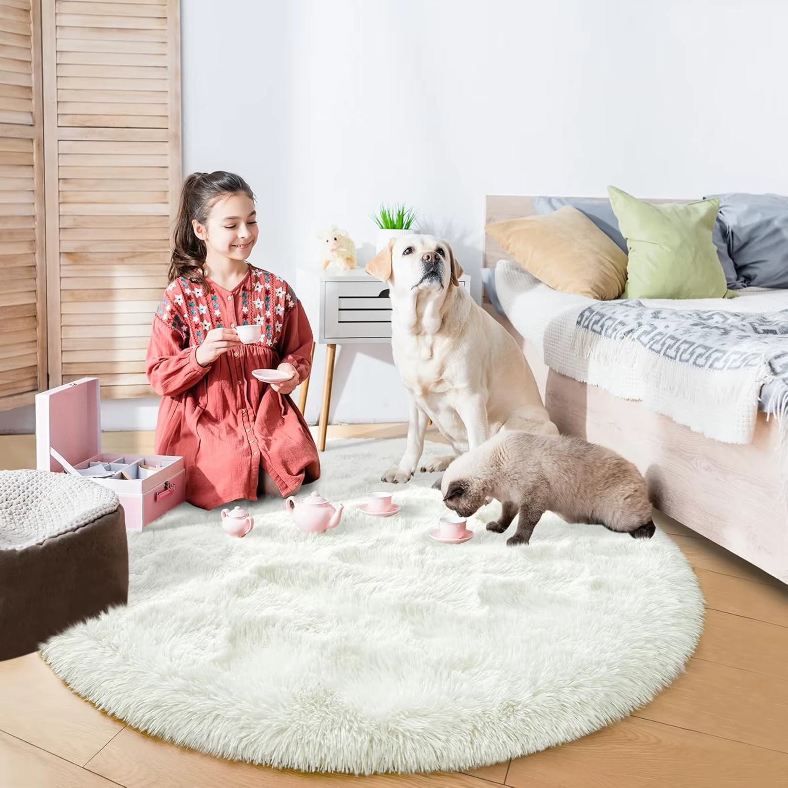 Tapis rond moelleux noir pour chambre à coucher