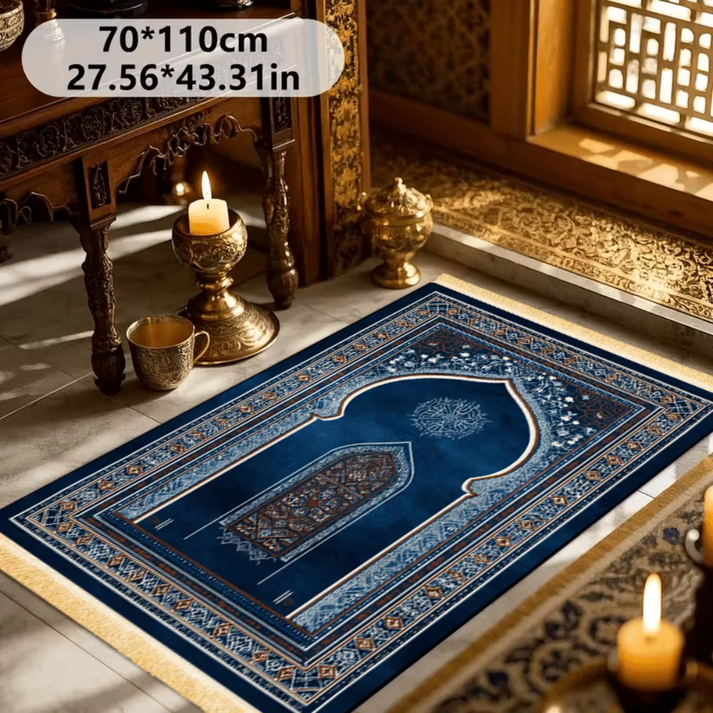 Tapis de prière islamique géométrique bleu marine en polyester