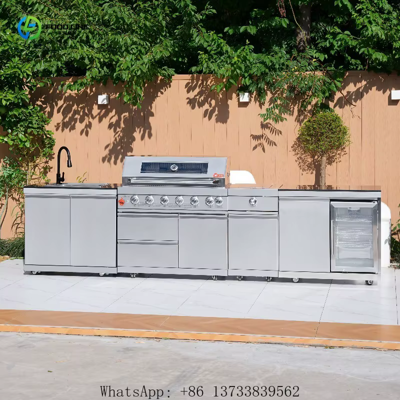 Cuisine extérieure personnalisée, armoire de barbecue professionnelle en acier inoxydable imperméable avec grill à gaz, réfrigérateur, évier